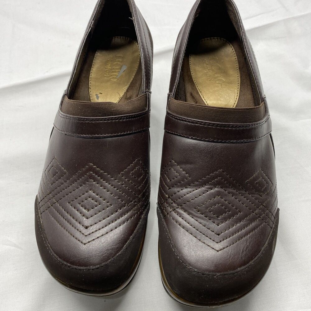 Rialto Comfort Women's 8.5 M Brown Embroidered Clogs Mules Boho Diamond Stitch